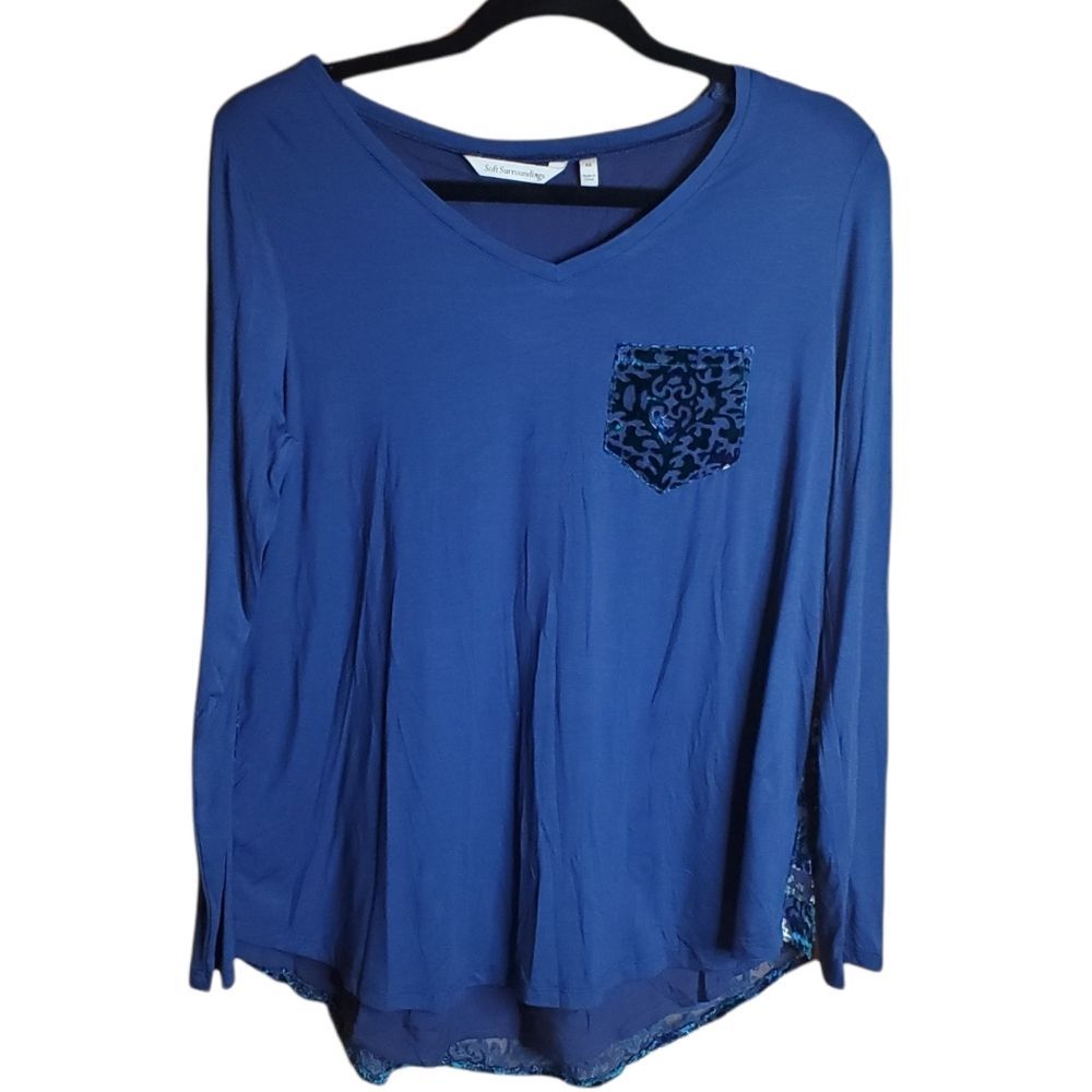 Soft Surroundings Women's Blue Long Sleeve Top Velour Floral Pattern Size XS.